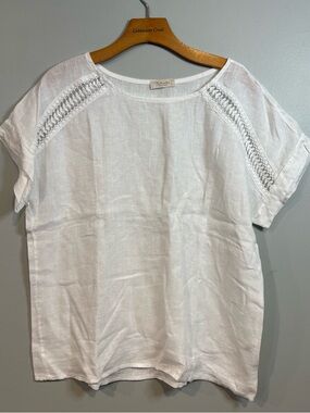 Bella Umbra Italy White Linen Crochet-Trim Short Sleeve Tee Boxy fit